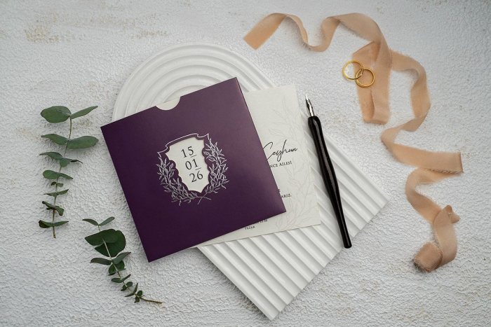 Invitatie de nunta eleganta gri cu plic mov- cod 9284 [2]