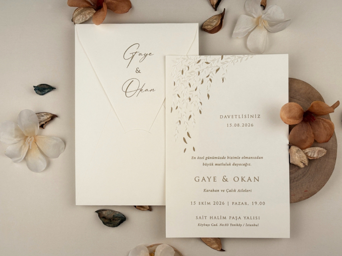 Invitatie de nunta eleganta ivory cu frunze - cod 13315 [3]