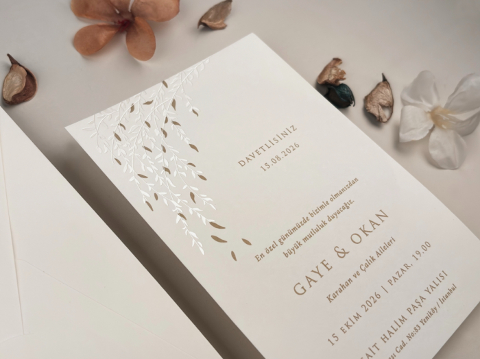 Invitatie de nunta eleganta ivory cu frunze - cod 13315 [4]