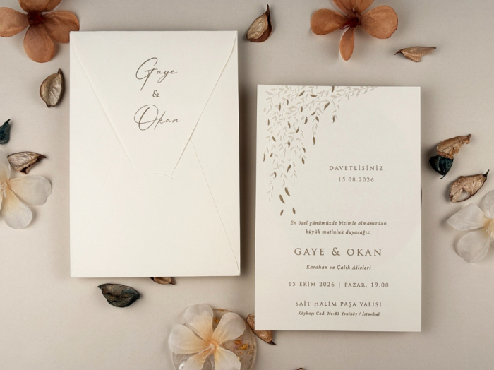 Invitatie de nunta eleganta ivory cu frunze - cod 13315 [2]