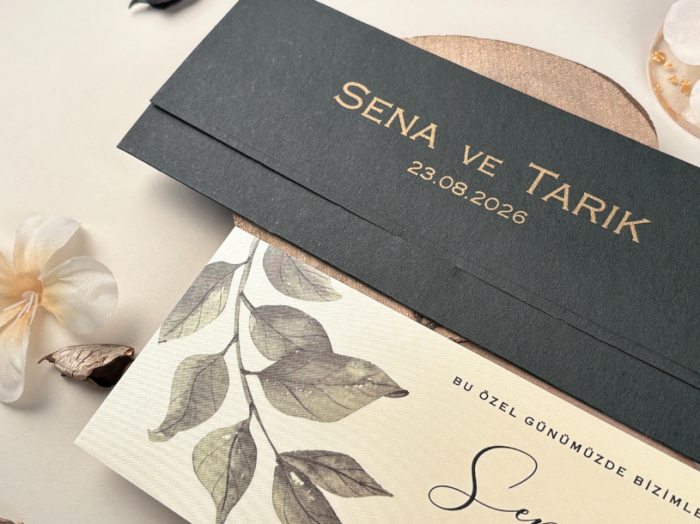Invitatie de nunta eleganta ivory cu model de frunze - cod 85859 [2]