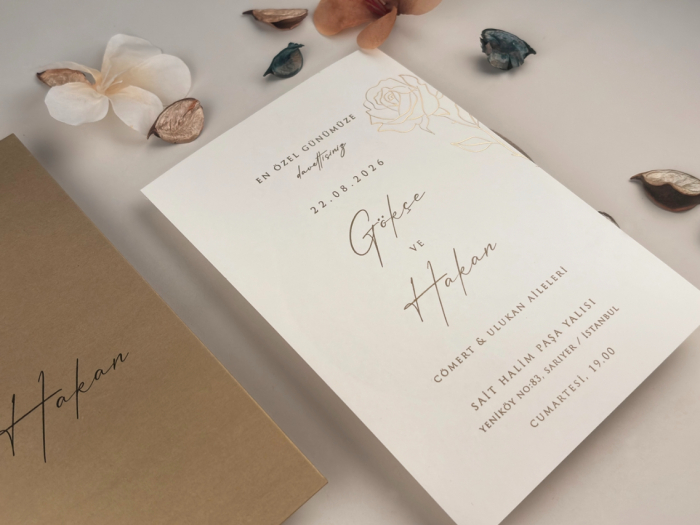 Invitatie de nunta eleganta ivory cu trandafir auriu - cod 13325 [3]