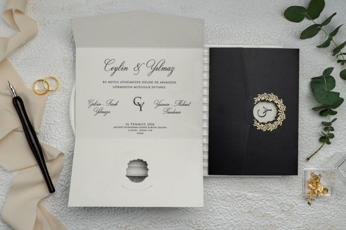 Invitatie de nunta eleganta neagra cu auriu- cod 9318 [2]
