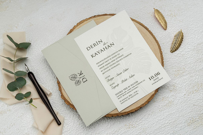 Invitatie de nunta eleganta oliv cu frunze - cod 9269 [2]