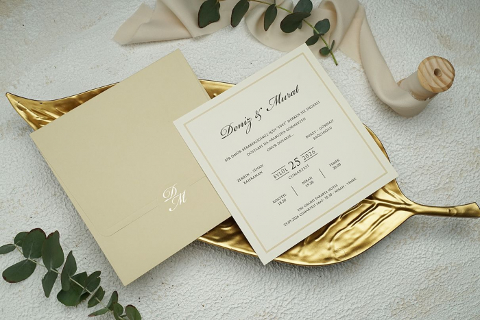 Invitatie de nunta eleganta patrata cu plic crem - cod 9251 [2]