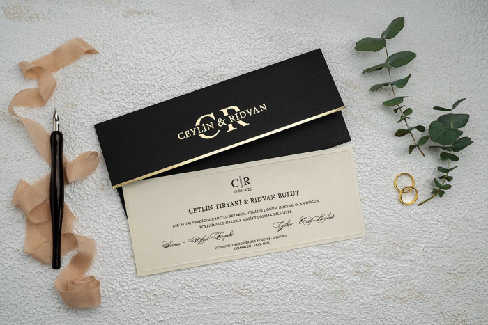 Invitatie de nunta eleganta tip crem cu plic negru - cod 9259 [1]