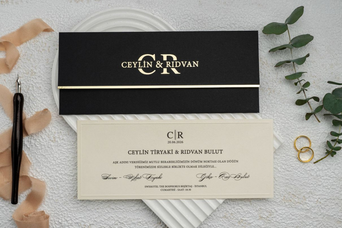 Invitatie de nunta eleganta tip crem cu plic negru - cod 9259 [2]