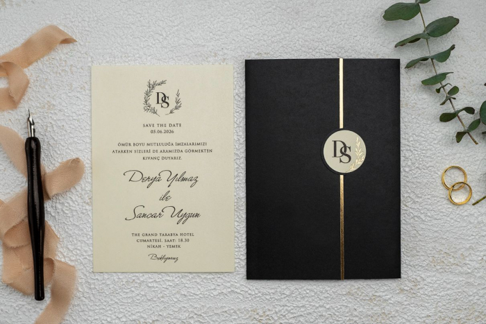 Invitatie de nunta eleganta tip crem cu plic negru - cod 9266 [2]