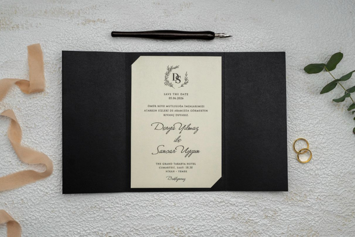 Invitatie de nunta eleganta tip crem cu plic negru - cod 9266 [3]
