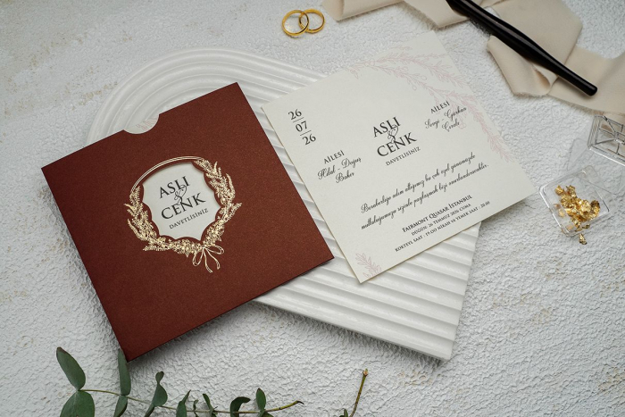 Invitatie de nunta eleganta tip cu plic visiniu - cod 9288 [2]