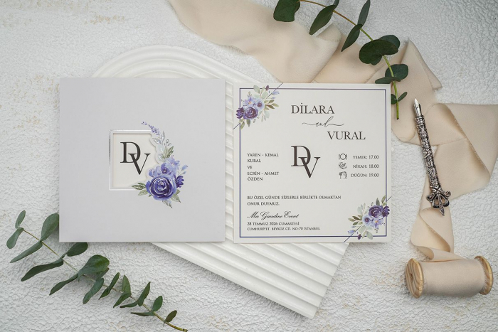Invitatie de nunta florala alba cu albastru - cod 9333 [2]