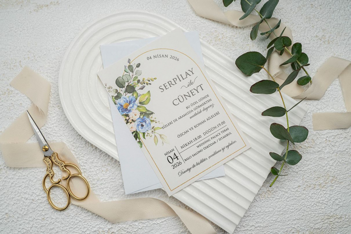 Invitatie de nunta florala alba cu albastru - cod 9339 [2]