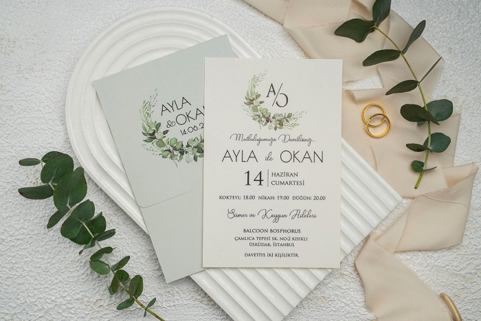 Invitatie de nunta florala crem / bej cu plic verde - cod 9323 [2]