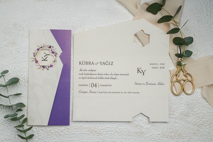 Invitatie de nunta florala mov cu model de marmura - cod 9331 [2]
