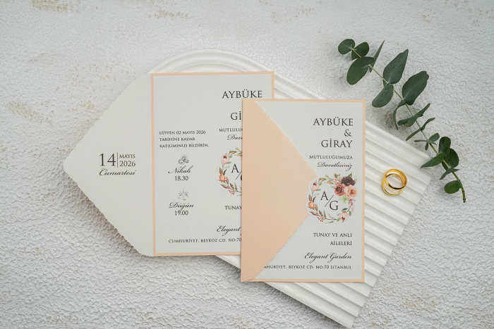 Invitatie de nunta florala tip plic roz somon - cod 9349 [2]