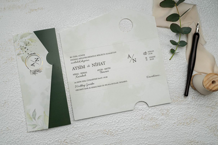 Invitatie de nunta florala verde cu model de marmura - cod 9332 [2]