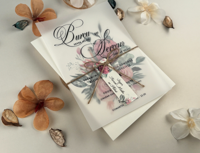 Invitatie de nunta ivory cu model floral si tiparire pe calc - cod 85842 [3]