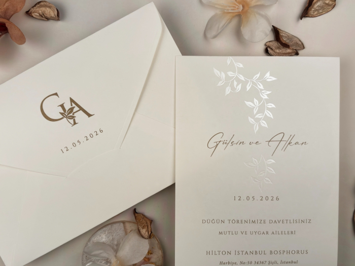 Invitatie de nunta ivory cu model sidefat de frunze - cod 13335 [1]