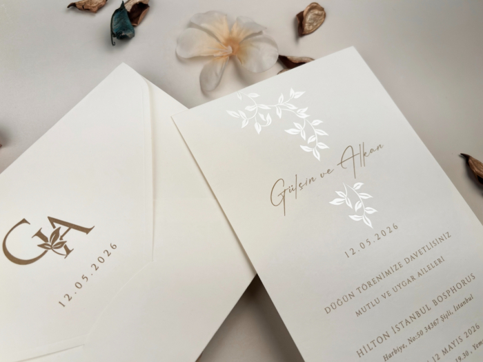 Invitatie de nunta ivory cu model sidefat de frunze - cod 13335 [2]