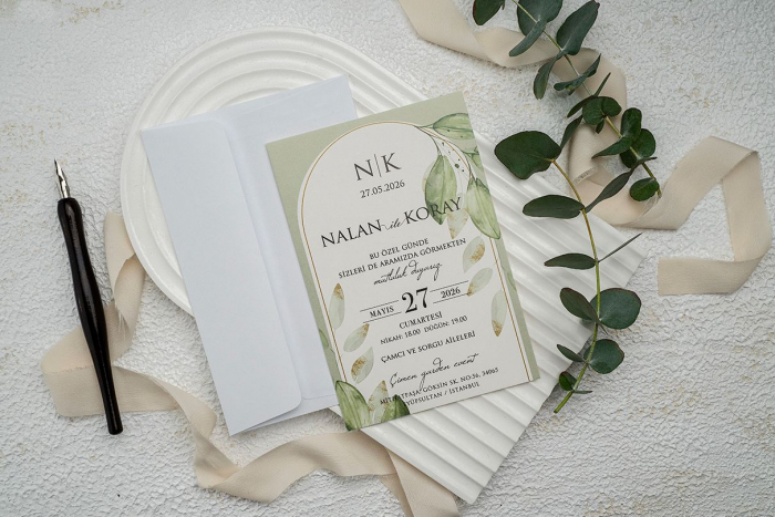 Invitatie de nunta verde cu frunze - cod 9344 [2]