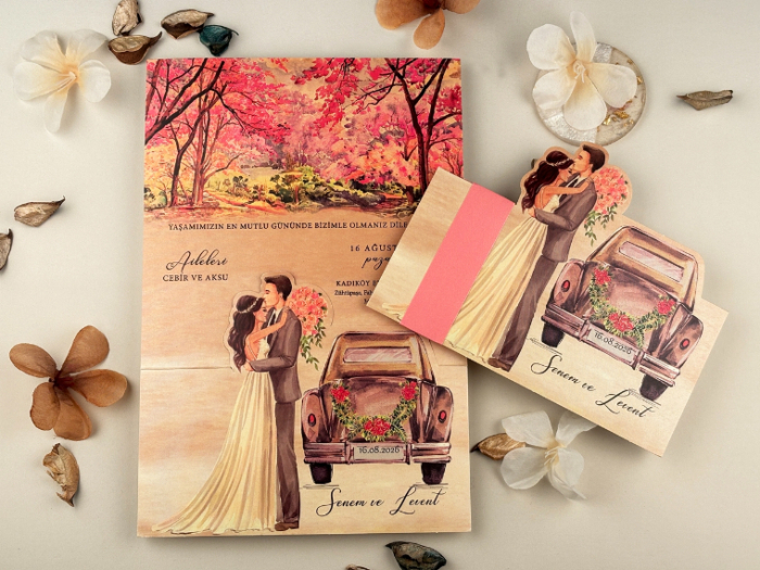 Invitatie de nunta vintage cu model de miri si flori - cod 63696 [1]