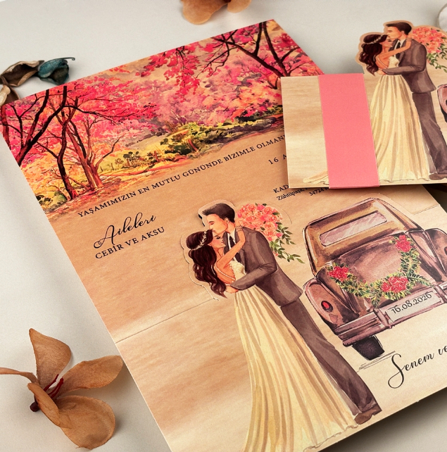 Invitatie de nunta vintage cu model de miri si flori - cod 63696 [2]