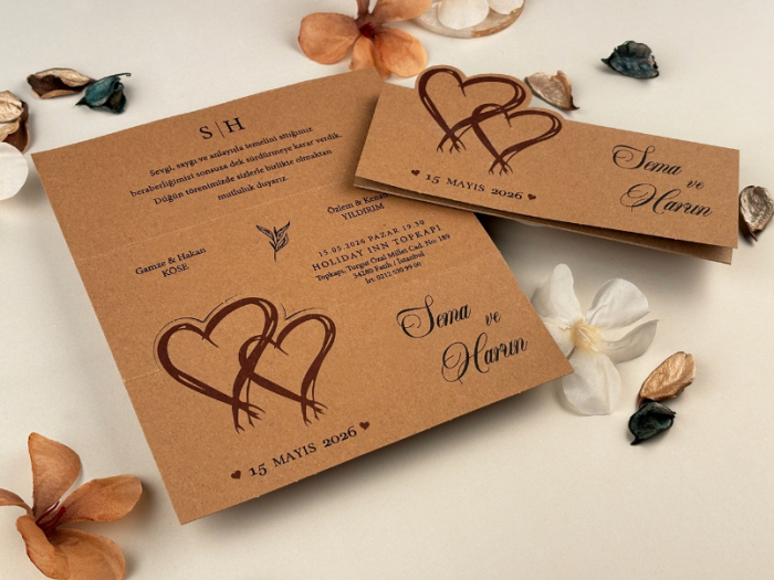 Invitatie de nunta vintage maro inimioare - cod 74772 [2]