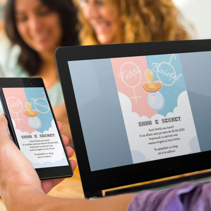 Invitatie digitala gender reveal party cu suzeta cod 0058 [2]