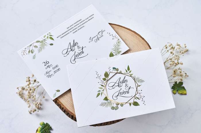 Invitatie de nunta cu frunze alba cu decupaj auriu - cod 1115 [2]