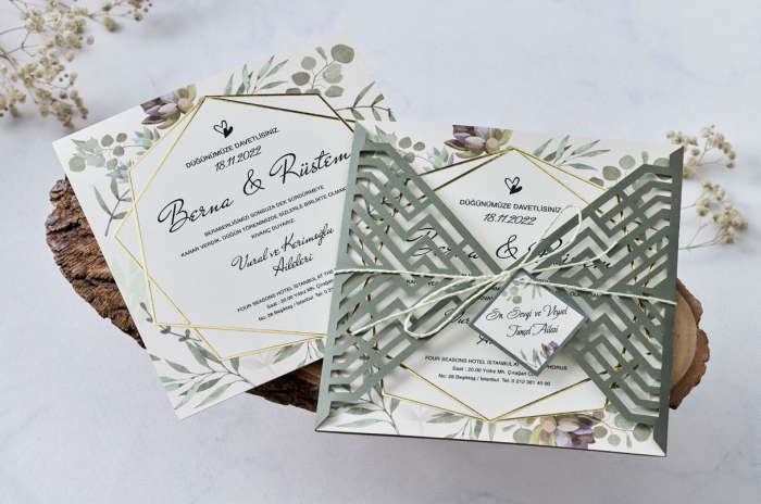 Invitatie de nunta verde cu frunze si snur - cod 1138 [2]