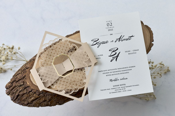 Invitatie de nunta crem / bej cu inel de hartie - cod 1139 [2]