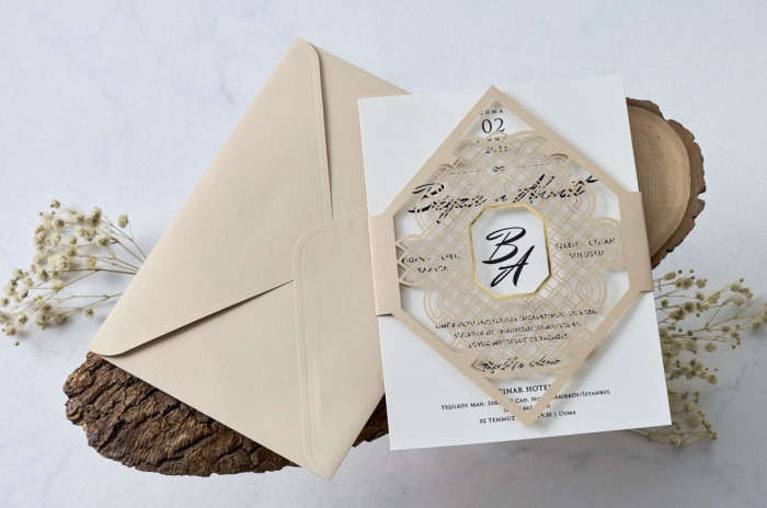 Invitatie de nunta crem / bej cu inel de hartie - cod 1139 [1]