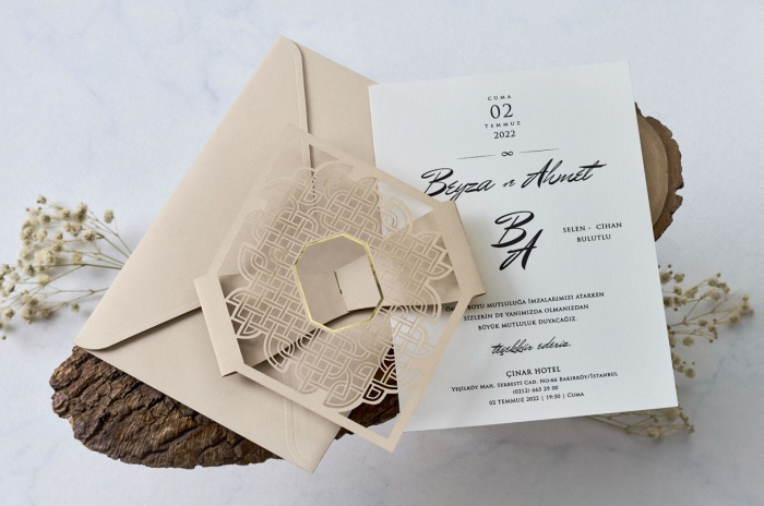 Invitatie de nunta crem / bej cu inel de hartie - cod 1139 [3]