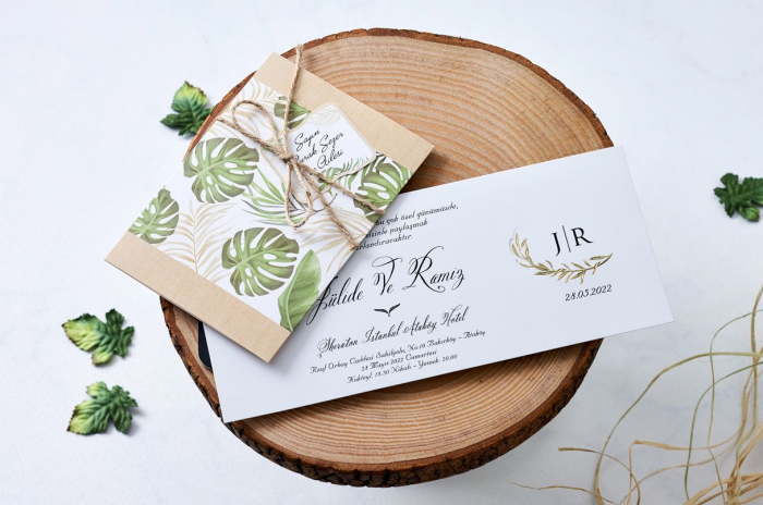 Invitatie de nunta crem / bej cu frunze si snur - cod 1157 [2]