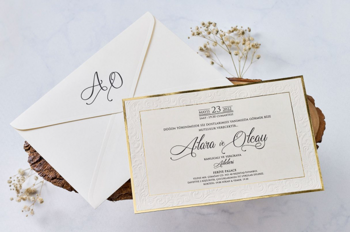 Invitatie de nunta eleganta crem / bej cu model auriu - cod 1172 [1]