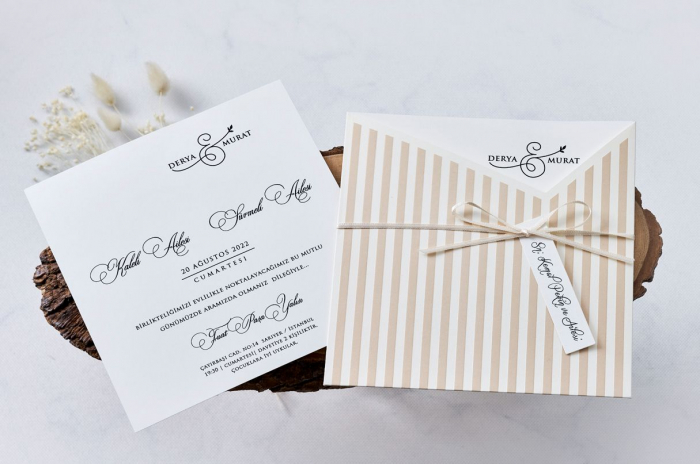 Invitatie de nunta vintage crem / bej cu funda - cod 1174 [2]
