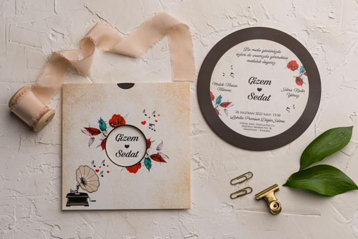 Invitatie de nunta vintage vinil cu model floral - cod 9112 [2]