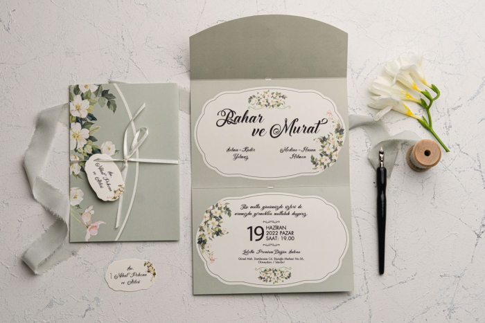 Invitatie de nunta verde cu flori si funda - cod 9115 [1]