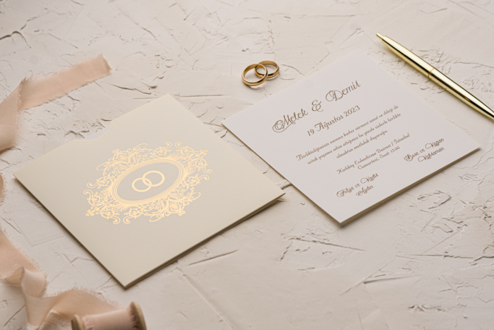Invitatie de nunta eleganta crem / bej cu model auriu - cod 9117 [2]