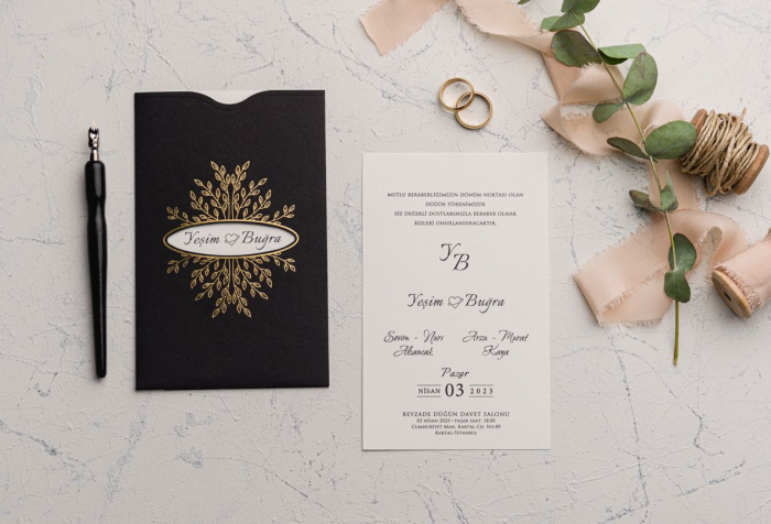 Invitatie de nunta eleganta neagra cu decupaj auriu cu frunze - cod 9122 [2]