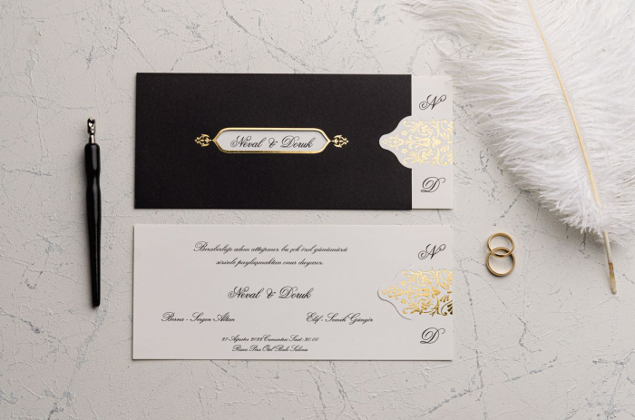 Invitatie de nunta eleganta neagra cu decupaj auriu - cod 9124 [1]
