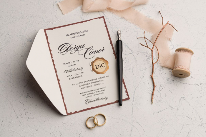Invitatie de nunta vintage maro de tip plic - cod 9125 [2]