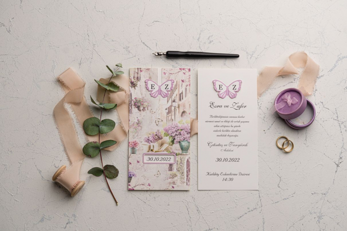 Invitatie de nunta delicata roz cu fluturi - cod 9131 [2]