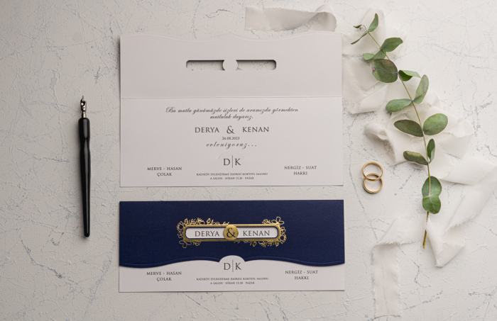 Invitatie de nunta baroc albastra cu decupaj auriu - cod 9141 [2]
