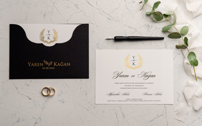 Invitatie de nunta eleganta alb cu negru si model auriu - cod 9143 [1]