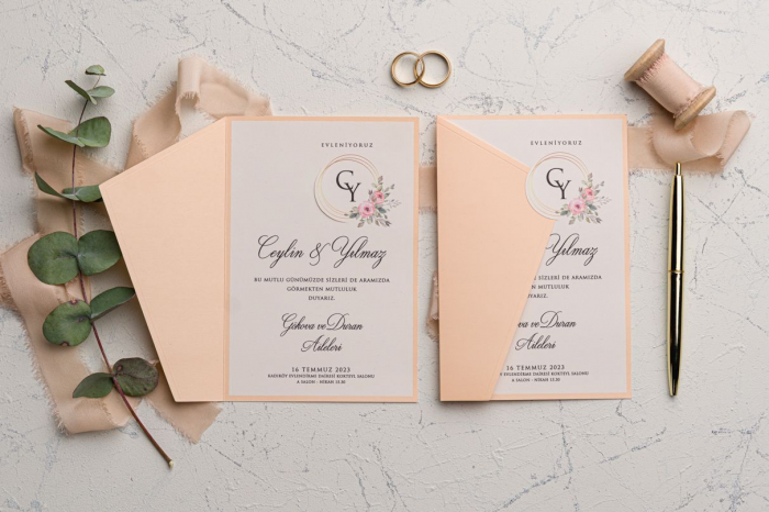 Invitatie de nunta florala crem / bej de tip plic - cod 9147 [2]