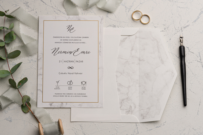 Invitatie de nunta eleganta alba cu model de marmura si auriu - cod 9151 [1]