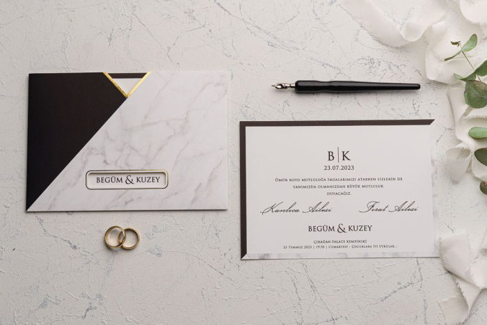 Invitatie de nunta eleganta alb negru cu model de marmura si auriu - cod 9152 [2]