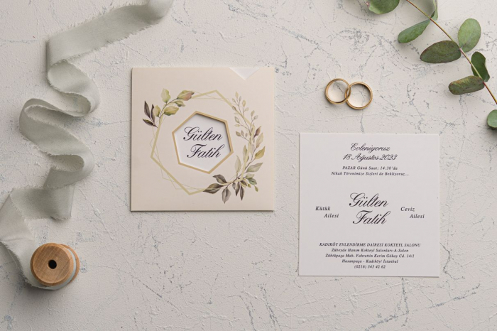 Invitatie de nunta eleganta crem / bej cu frunze - cod 9166 [2]
