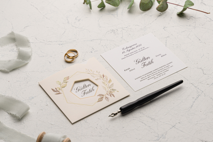 Invitatie de nunta eleganta crem / bej cu frunze - cod 9166 [1]